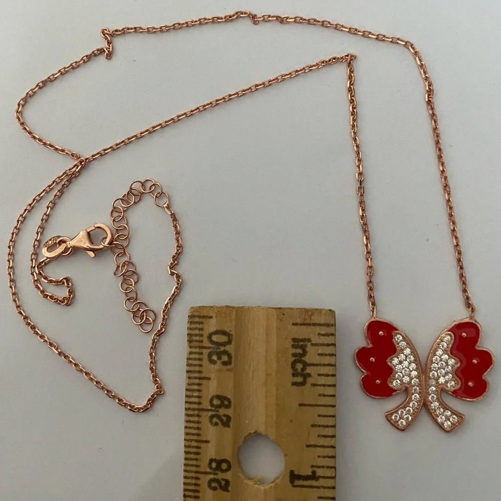 💝 925 Silver bow butterfly red enamel cz stones necklace 18K yellow gold plated
